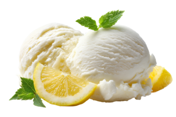 Zesty dairy‑free lemon sorbet scoop isolated on transparent PNG background – refreshing citrus frozen dessert cutout for digital menu, food packaging, and summer confectionery design