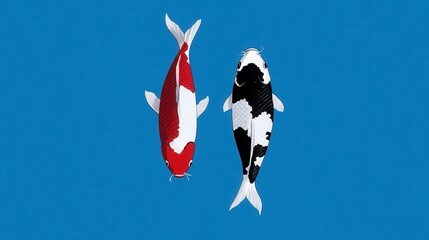Minimalist illustration of two koi fish, one red and white and the other black and white, against a solid blue background