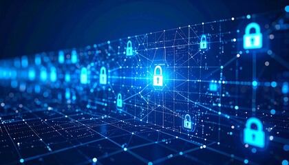 Abstract digital network with glowing padlocks