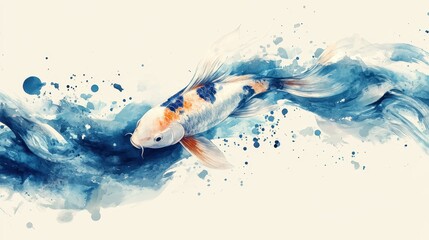 A koi fish swims follows a blue ink path with a splatter effect in a white background.