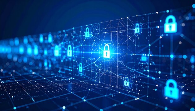 Abstract digital network with glowing padlocks - Powered by Adobe
