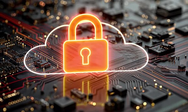 
A digital illustration of cloud security with an orange padlock and red glowing data stream on a dark background,