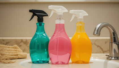 Trio of Colorful Cleaning Product Bottles on a Shiny Sink Counter
