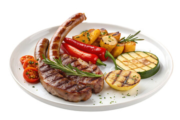 Grilled meat and sausages with vegetables on plate