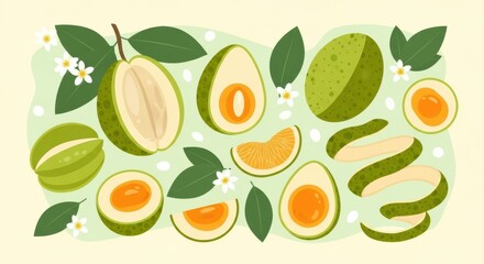 Whimsical arrangement of tropical fruit with botanical accents creates a playful and inviting