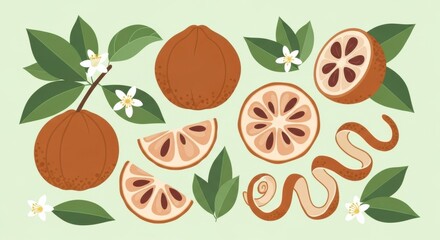 Creative layout displaying wood apple or limonia acidissima in various stages, complete to sliced