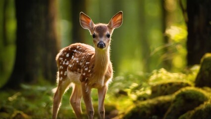 Young Fawn in Forest: Curious Deer in Natural Habitat with Moss, Flowers, Fallen Tree Trunk. Peaceful and Serene Environment.