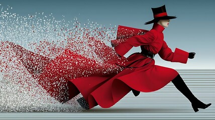 Dynamic Woman in Red Coat Running with Abstract Motion Blur