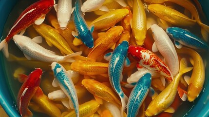 A group of colorful koi fish swim closely together in a shallow container