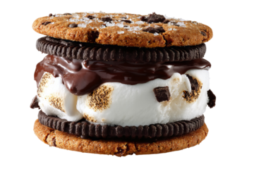 Lion-shaped double dark chocolate cookie ice cream sandwich with creamy toasted marshmallow s’mores filling, PNG cutout on transparent background for dessert menus, confectionery branding