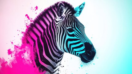 A zebra with its black and white stripes blending into pink and blue paint splashes