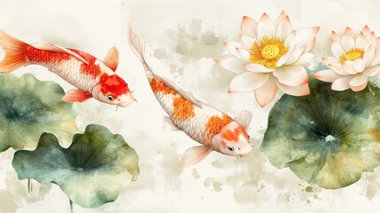 Watercolor painting of two koi fish swimming near lotus flowers and large lily pads