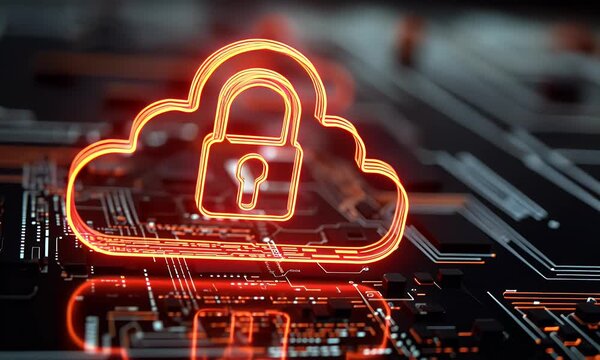 
A digital illustration of cloud security with an orange padlock and red glowing data stream on a dark background,