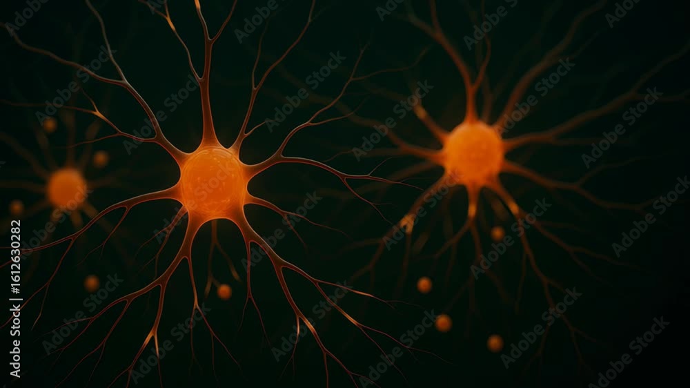 Aufkleber stem cell therapy lab. glowing orange neuron cell with branching dendrites dark background illustrat
