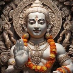 Serene CloseUp of White Marble Lord Shiva Statue with Intricate Carvings and Traditional Attire, Surrounded by Hindu Deities.