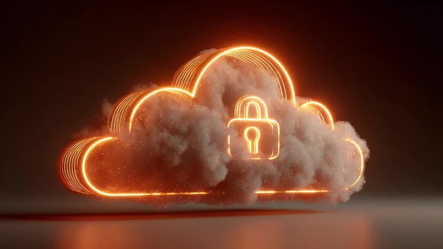 
A digital illustration of cloud security with an orange padlock and red glowing data stream on a dark background,