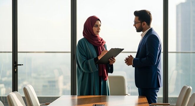 A businesswoman in a hijab and a businessman discuss documents in a modern , showcasing professional collaboration and intercultural communication.
