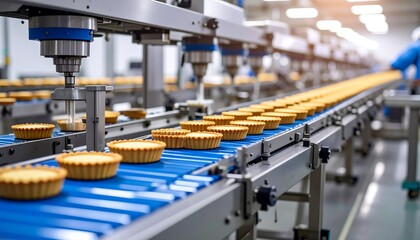 Automated pastry production line; tarts move along conveyor belt