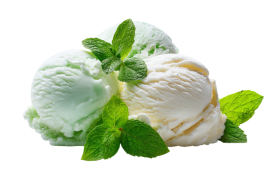 Crisp mint‑green chocolate chip ice cream scoop isolated on a transparent background, ideal PNG cutout for dessert menus, digital scrapbooking, and food packaging design projects