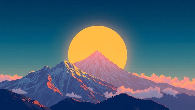 8-bit retro art of sunrise behind Japanese mountain peaks, golden pixel rays shining through low clouds