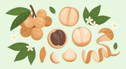 A vibrant depiction of longan fruits, showcasing the fruit's elements with leaves and flowers,