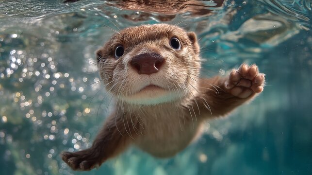 Adorable otter swimming playfully underwater, showcasing its curious expression.