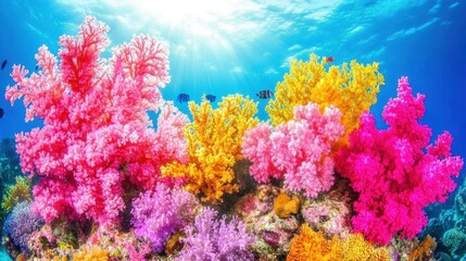 Sunlight filters through the water above a colorful, vibrant coral reef