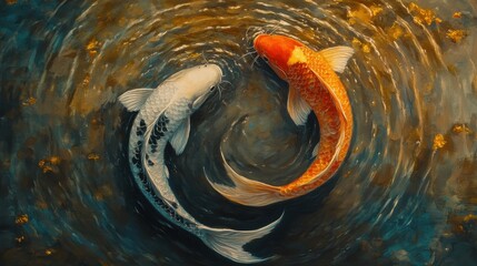 Two koi fish swim in a circular motion, one white and one orange. Forms a yin-yang shape in the water