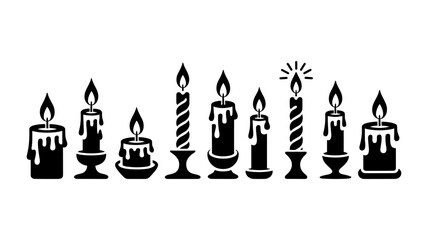 Collection of various black and white candle illustrations