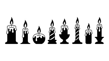 Collection of silhouette candles with dripping wax and flames