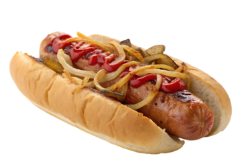 A hotdog with ketchup and onions on a white bun