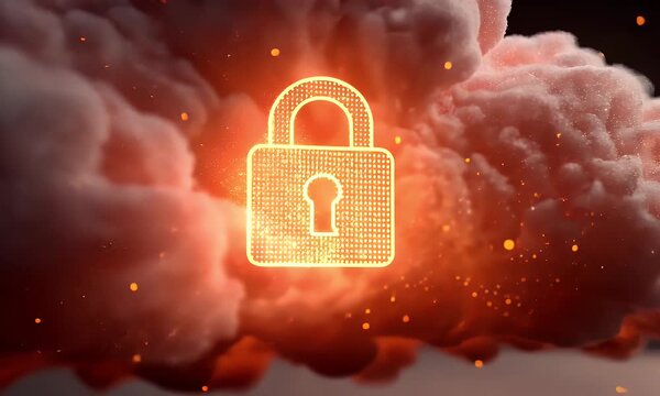 
A digital illustration of cloud security with an orange padlock and red glowing data stream on a dark background,