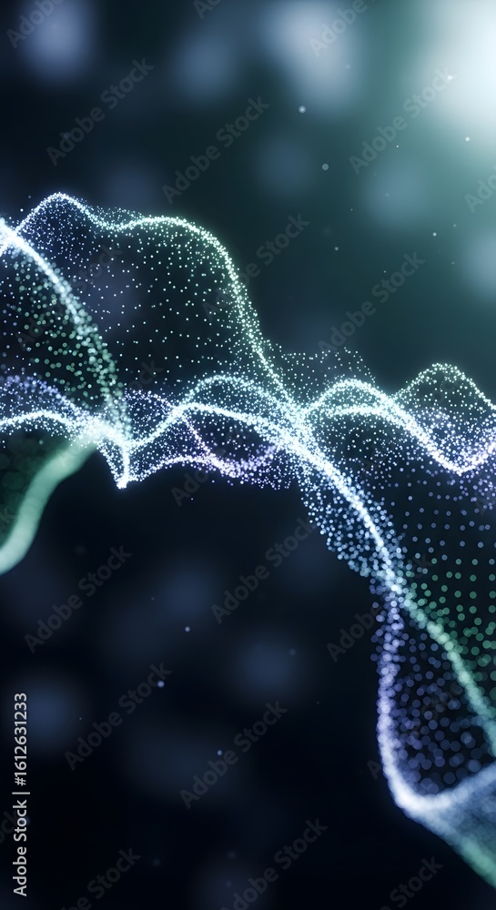 Poster futuristic digital wave of glowing particles representing data flow, a network connection, or a soun
