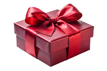 Fototapeta premium A square red gift box adorned with a rich burgundy silk ribbon and bow, presented on a clean transparent background