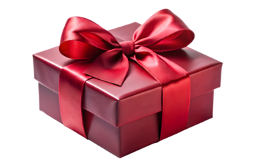 A square red gift box adorned with a rich burgundy silk ribbon and bow, presented on a clean transparent background