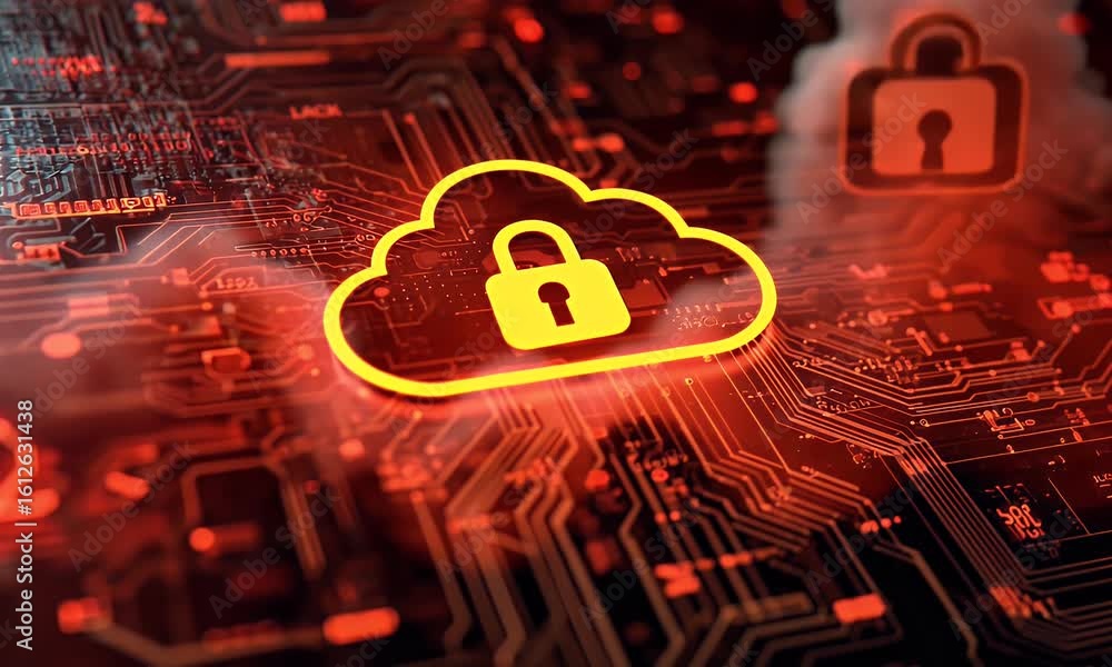 Poster a digital illustration of cloud security with an orange padlock and red glowing data stream on a dar