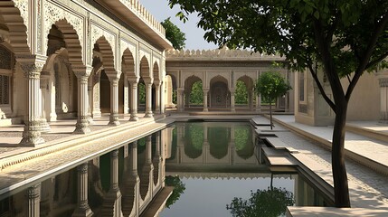 Fototapeta premium Indian palace courtyard with reflecting pool and arched architecture