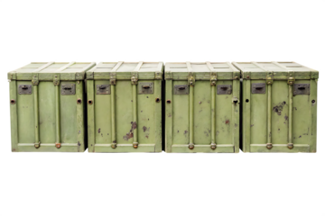 Weathered olive green military storage trunks isolated on a transparent background