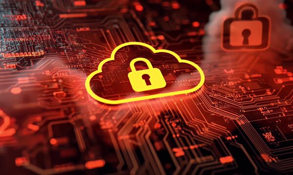 
A digital illustration of cloud security with an orange padlock and red glowing data stream on a dark background,