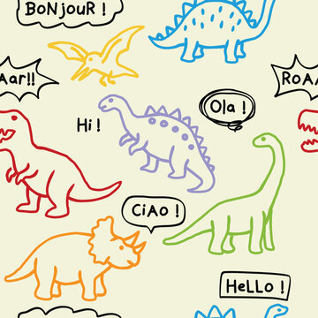 Kids Dinosaur Illustration with Speech Bubbles and Greetings.eps