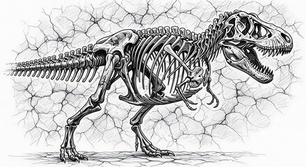 Obraz premium A black and white line art illustration of a Tyrannosaurus Rex (T-Rex) dinosaur skeleton.