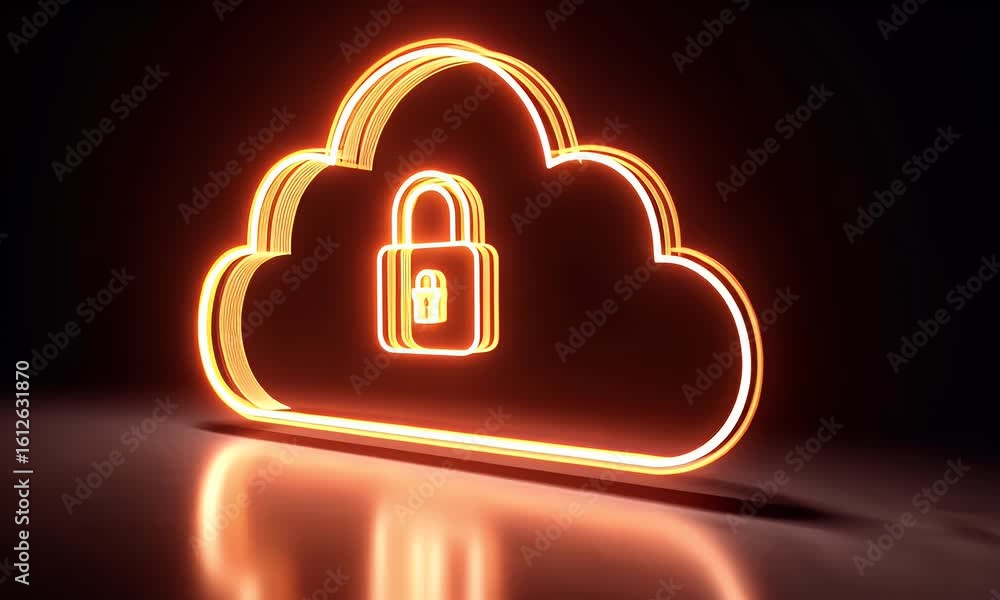 Poster a digital illustration of cloud security with an orange padlock and red glowing data stream on a dar