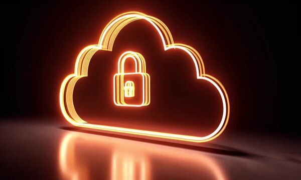 
A digital illustration of cloud security with an orange padlock and red glowing data stream on a dark background,
