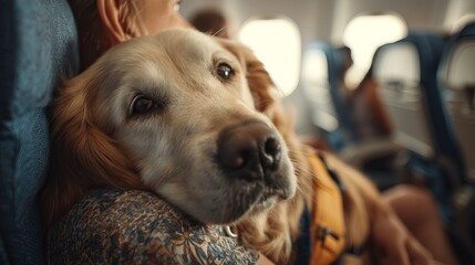 Obraz premium Golden retriever resting comfortably on a passenger's lap during a flight.