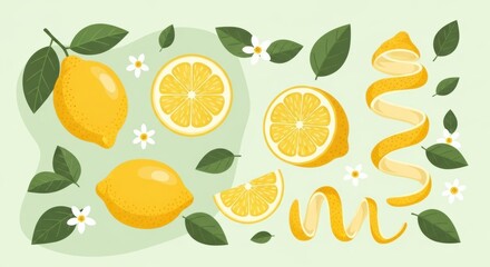 Bright lemony illustrations of whole fruit, slices, peel, leaves and flowers for summertime designs