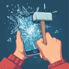 A close-up shot of a person angrily smashing a smartphone screen with a hammer, shattered glass and pieces flying