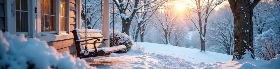 Obraz premium A cozy winter scene featuring a porch swing gently swaying in a snowy landscape, covered in a soft blanket of white Perfect for winter holiday or seasonal themes , peaceful, cottage