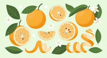 Vibrant citrus fruit composition with whole oranges, segments, peel spirals and foliage for