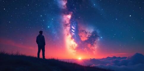 Fototapeta premium A lone figure silhouetted against a vibrant, star-filled night sky, symbolizing hope and redemption A sense of peace and spiritual awakening pervades the scene , faith, awakening, future