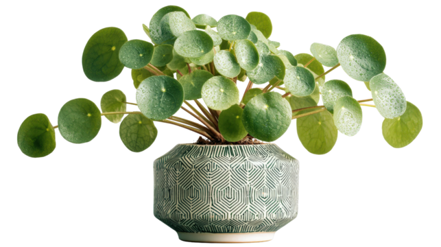 Chinese money plant with round flat leaves in geometric pot, isolated on a Transparent background, PNG file.
